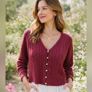 Rachel Zoe Cable Knit Cardigan Small • Pearl Buttons • Spring Burgundy Sweater